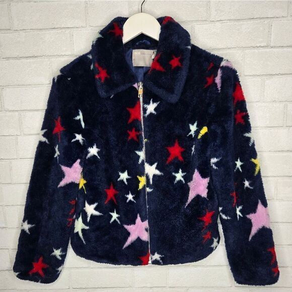 Asos Navy Blue Stars Microfiber Faux Fur Zipper Jacket - Picture 1 of 5
